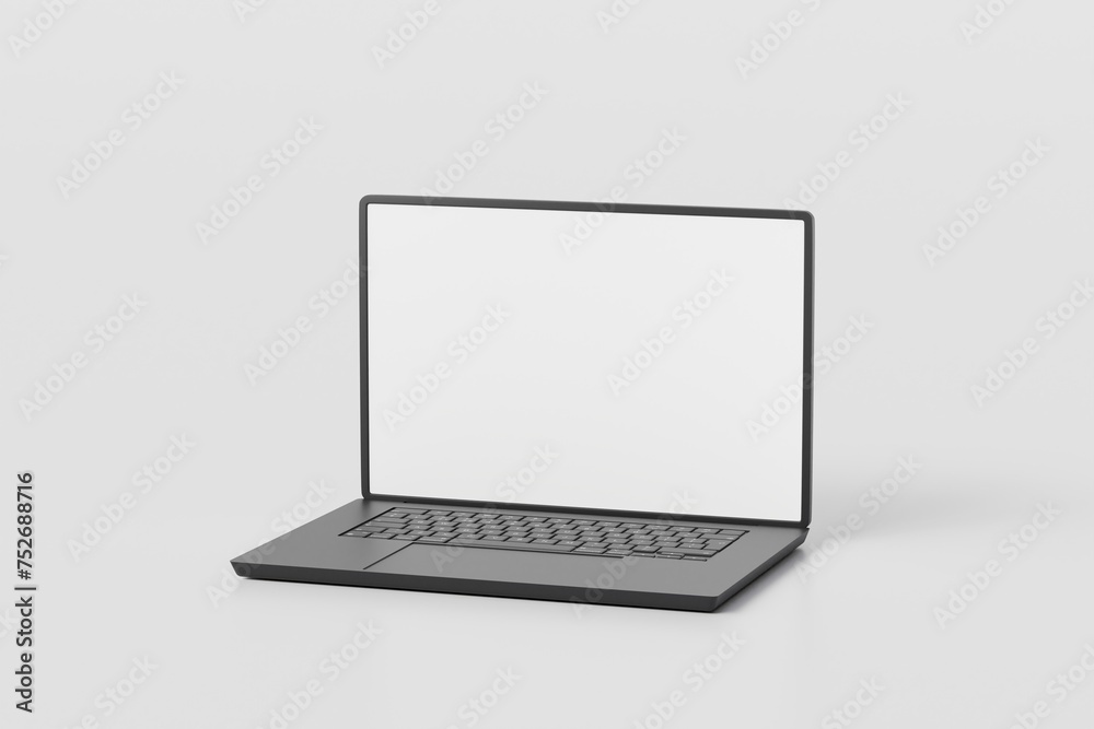 Poster 3d realistic laptop computer notebook device with blank white screen display on isolated white backg