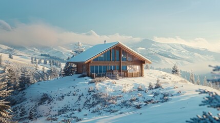 Mountain cabin in winter, snow-covered landscape, warm sunlight.