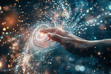 Fototapeta premium A persons hand reaching towards a shining star in the night sky, making first contact with light particles in a spinning vortex.