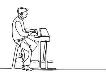 One line drawing of music performing art. People playing keyboard. Musical Keyboards single hand drawn continuous outline.
