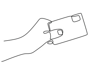 Continuous line drawing hand holding a bank credit card