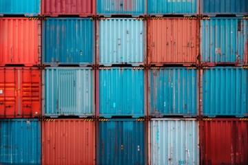 Assorted blue and red shipping containers stacked on top of each other in a bustling port setting.