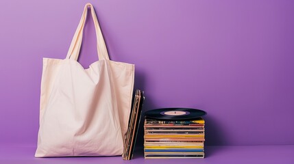 white tote bag rests on a colorful collection of vinyl albums