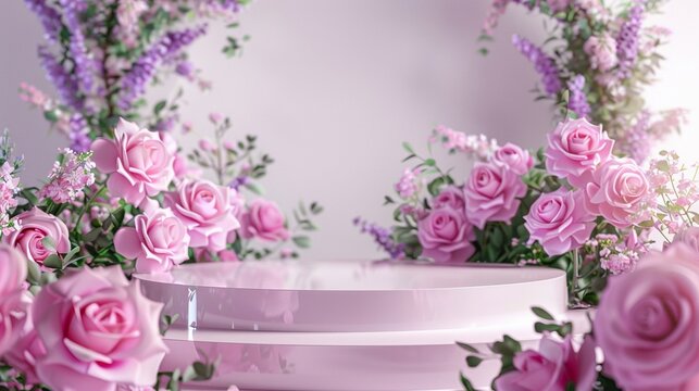 3d render of white podium with pink roses and purple flowers.