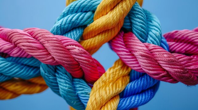 Multinational concept of ethnic diversity and cooperation. Colorful rope on blue background.