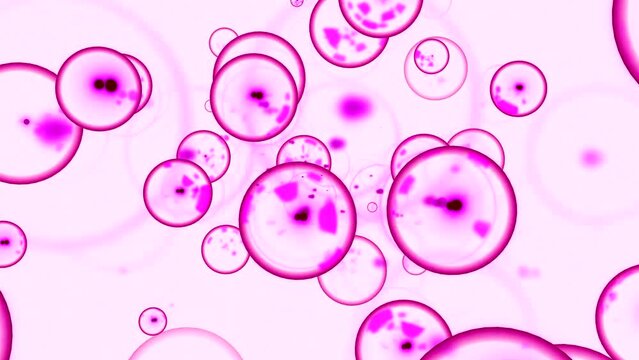 Bubbles with nucleus in molecular stream. Design. Molecular cells with embryos move in stream. Bubbles of molecules with disease inside move in space