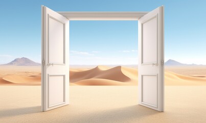 A stark white door opens to a vast, barren desert under a clear blue sky, juxtaposing escape and isolation in a surreal setting