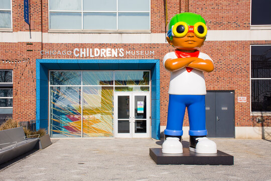 Entrance to Chicago Children's Museum on Navy Pier with iconic statue "Flyboy"