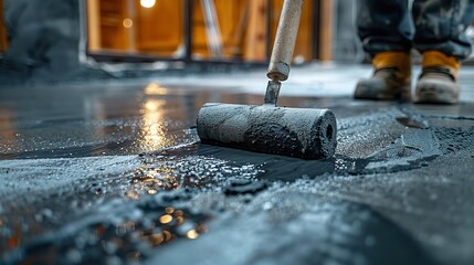 For self-leveling cement mortar for floors, use a master with a needle roller for fresh screed concrete with space for text or product, Generative AI.
