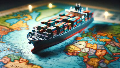 Miniature cargo ship on a map, symbolizing global trade routes and economic connections. - obrazy, fototapety, plakaty