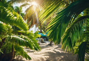 Fototapeta na wymiar Tropical paradise scene with sun flare through palm leaves, highlighting a serene beach pathway.