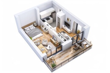 Compact one-bedroom apartment layout optimized for efficient use of space, on isolated white background, Generative AI