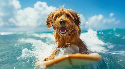 In a hot summer day a dog is surfing on a surfboard in sea with a big space for text or product, Generative AI. - obrazy, fototapety, plakaty