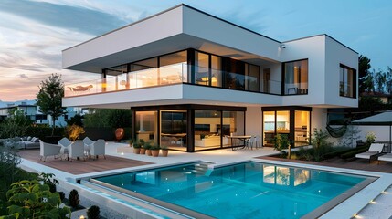Luxury house ,modern house with a garden and swimming pool - obrazy, fototapety, plakaty