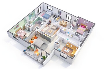 Family-friendly apartment layout with separate bedrooms, a spacious living area, and a playroom, on isolated white background, Generative AI