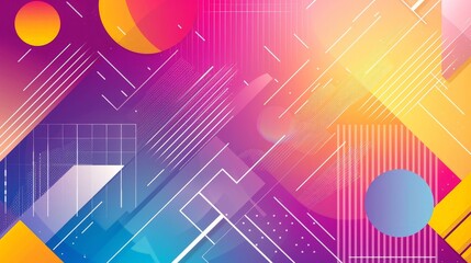 Colorful abstract background featuring various sized circles and intersecting straight lines in vibrant hues. - obrazy, fototapety, plakaty