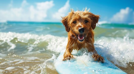 In a hot summer day a dog is surfing on a surfboard in sea with a big space for text or product, Generative AI.