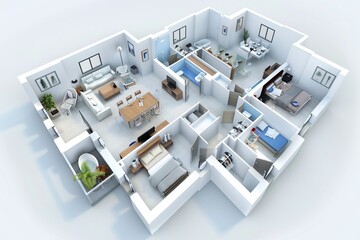Multigenerational apartment layout with separate living areas for extended family members, on isolated white background, Generative AI
