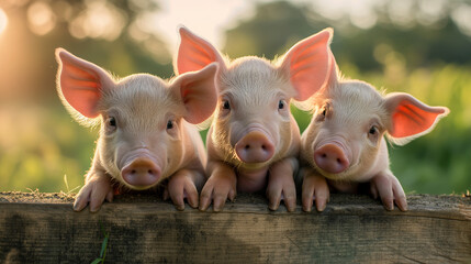 3 cute piglets sitting on a farm fence happy , Evening sun light , in the meadow.