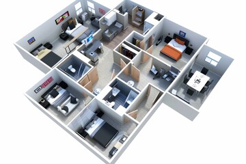 Student apartment layout with study areas, shared living spaces, and individual bedrooms, on isolated white background, Generative AI