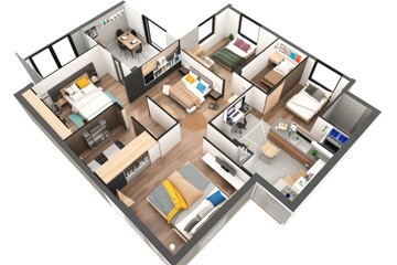 Student apartment layout with study areas, shared living spaces, and individual bedrooms, on isolated white background, Generative AI