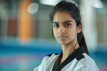 Obraz premium Indian woman in a taekwondo outfit striking a pose for a picture in a martial arts class. The background is blurred.