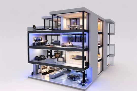 Smart apartment design with integrated technology for automated lighting, climate control, and security, on isolated white background, Generative AI