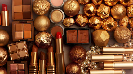 Make up and chocolate candies in brown and golden colors