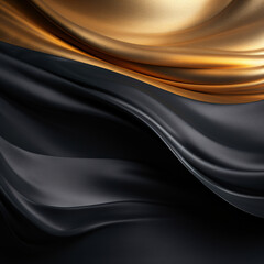 Golden and black satin fabric with waves.  Black and gold, Space for text or image