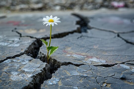 Fototapeta A small flower defies odds, growing out of a crack in the ground.