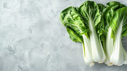 Organic fresh bok choy or pak choy in a white surface with a big space for text or product and a top view, Generative AI. - obrazy, fototapety, plakaty