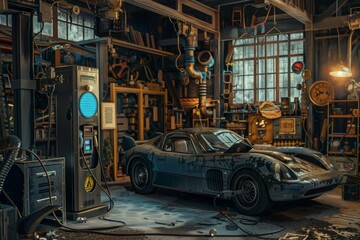 Fototapeta premium messy garage, illuminated by the soft glow of an old gas pump