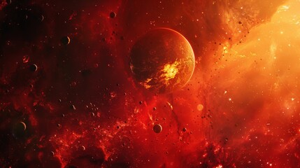 space in red and black tones, in the middle there is a small yellow explosion, a red haze comes from it, against the backdrop of hundreds of small planets and stars