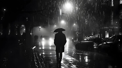 Woman Walking in the Rain at Night in Film Noir Style