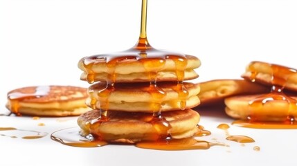 Pancakes with syrup isolated by white background. Generative AI