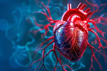 Detailed depiction of human heart with vein running through it on a blue backdrop, showcasing cardiovascular system and connection.
