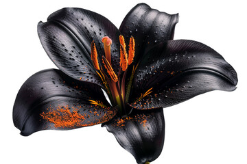 a black lily with orange stamens isolated on transparent background, png file