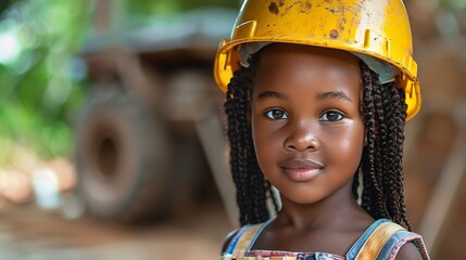 Portrait of a African little girl in engineer yellow hat with a big space for text or product a outside backdrop, Generative AI.