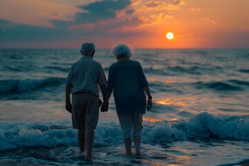 Elderly Couple Walking at Sunset on the Beach - obrazy, fototapety, plakaty