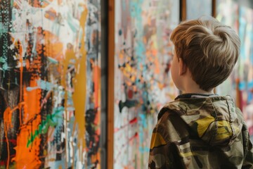 A boy standing in front of paintings on a gallery wall, attentively examining the modern art pieces...