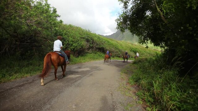 Horseback riders entering Hawaiian valley - wide, steady cam shot
