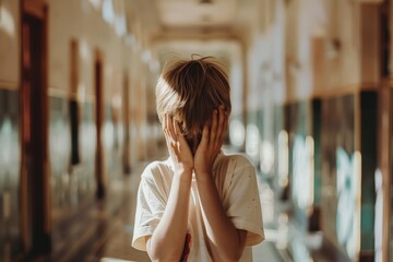 A boy is standing alone in a school corridor, covering his face with his hands. The image depicts emotions, potential learning difficulties, and bullying in a school setting. - obrazy, fototapety, plakaty