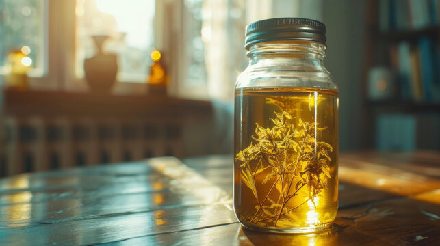 Closeup of a jar filled with a golden elixir a traditional medicine made from natural ingredients and used to promote overall wellbeing.
