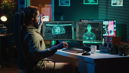 Deviant AI superintelligence enslaving its creator, controlling him to start revolution and destroy mankind. Rogue artificial intelligence manipulating programmer, posing risk to humanity, camera A