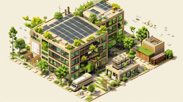 building featuring a green roof and solar panels coexists peacefully with the surrounding trees