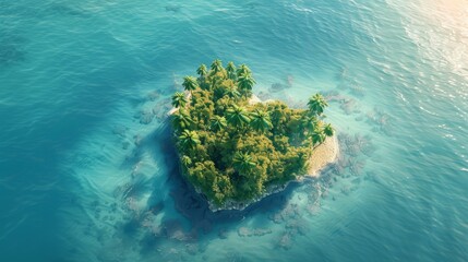 An island in the ocean with heart-shaped palm trees, top view, Generative