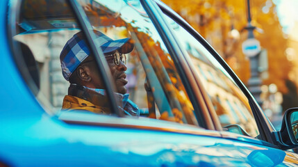 A busy taxi driver chatting with a potential passenger through the open window of his bright blue cab.