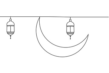 Ramadan kareem in one continuous line drawing. Islamic garlang decoration with lantern, star and moon in simple linear style. Muslim religious holiday celebration. Editable stroke. Outline vector