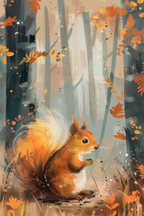 cute squirrel in autumn forest. children illustration
