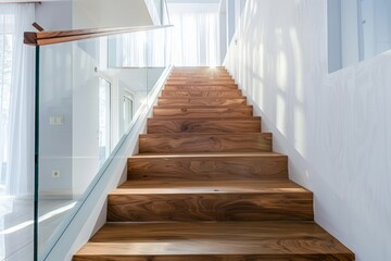 A set of wooden stairs inside a contemporary white modern house leads to the second floor.